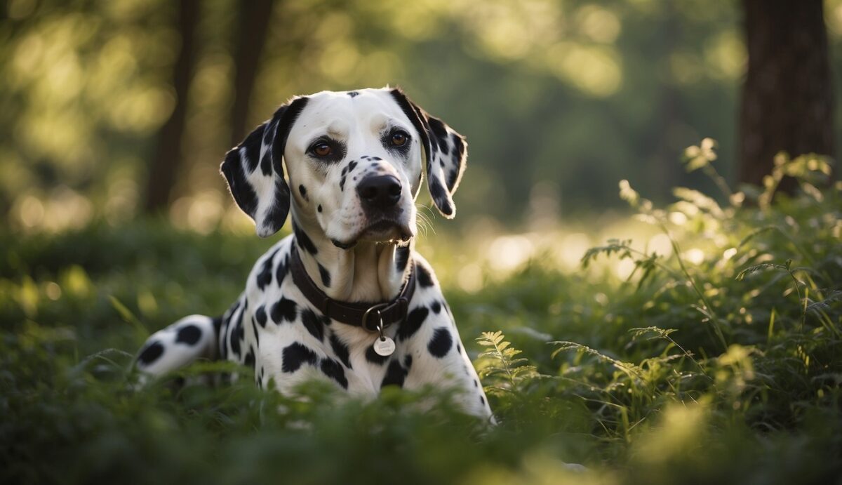 A Dalmatian dog sits with clear, open airways, surrounded by fresh air and greenery, free from any signs of respiratory distress