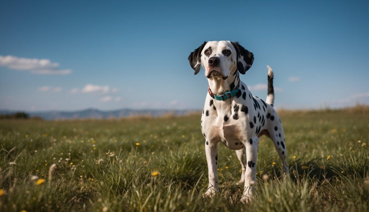 A Dalmatian dog stands on a grassy field, surrounded by clear blue skies. It takes deep breaths, with its chest expanding and contracting rhythmically, showcasing healthy respiratory function