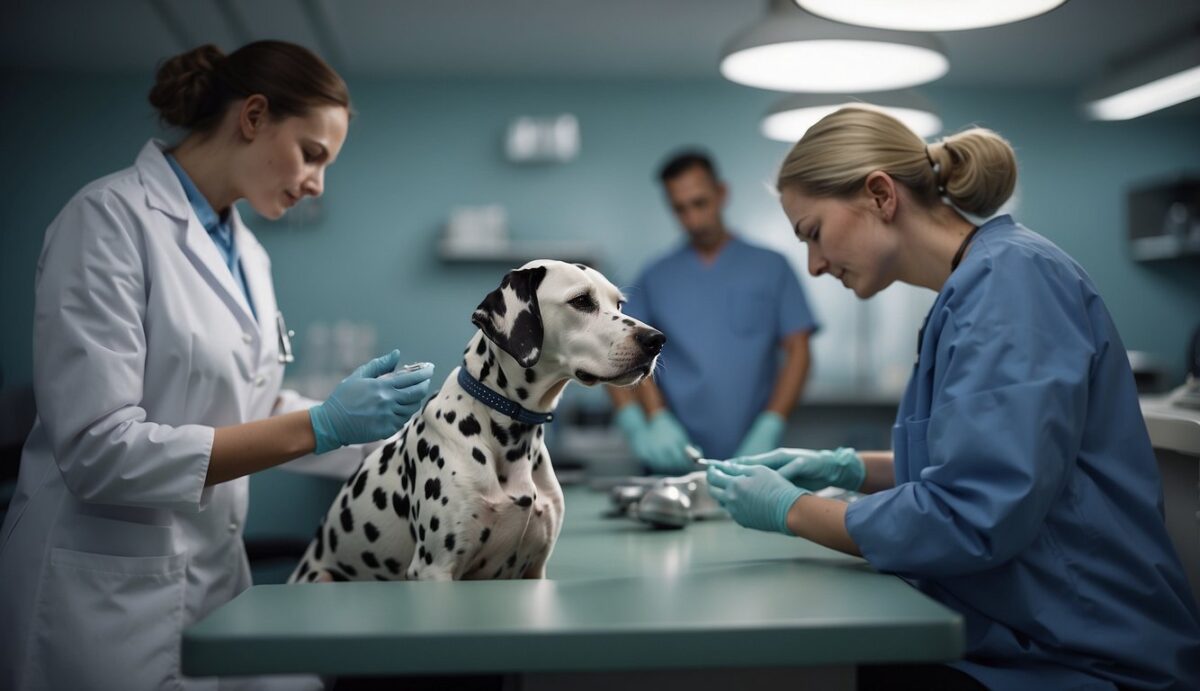 A Dalmatian dog is receiving respiratory treatment in a veterinary clinic. The veterinarian is examining the dog's lungs and airways, while the dog sits calmly on the examination table