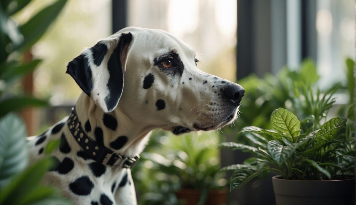 A Dalmatian dog wearing a protective mask while playing in a clean and smoke-free environment, surrounded by healthy plants and open windows for fresh air