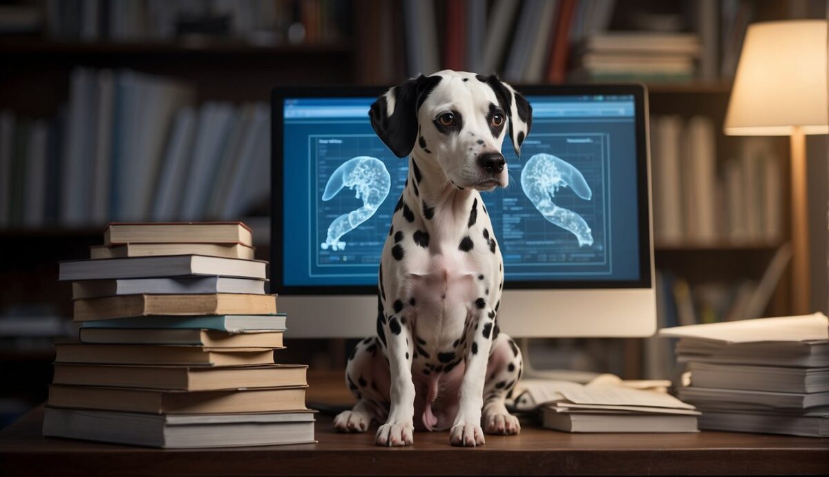 A Dalmatian with a puzzled expression sits next to a stack of medical books, surrounded by scattered papers and a microscope. A diagram of the immune system is displayed on a nearby computer screen