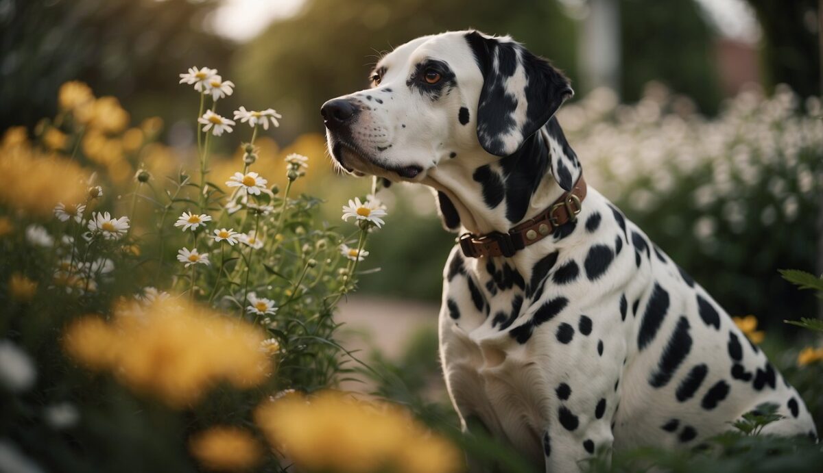 A Dalmatian sits in a peaceful garden, surrounded by blooming flowers and greenery. The dog appears calm and content, representing the struggle of coping with autoimmune disorders