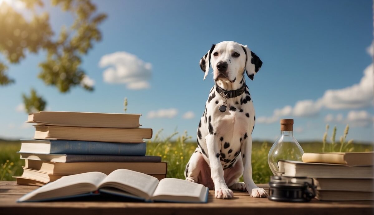 A Dalmatian sits in a sunny field, surrounded by medical books and research papers. A microscope and test tubes are scattered on the ground, while a DNA helix hovers in the sky