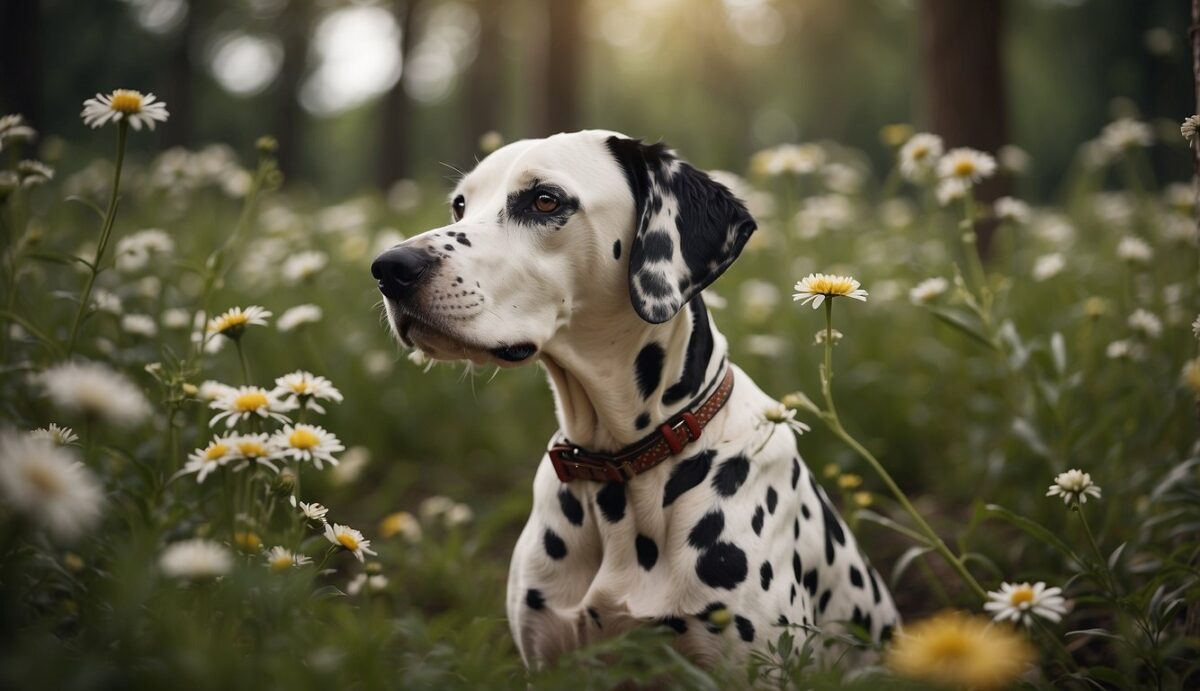 A Dalmatian sits in a peaceful, natural environment surrounded by triggers such as pollen and dust, representing the environmental influences on autoimmune disorders