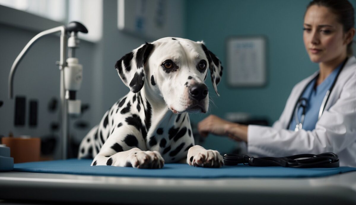 A Dalmatian lies on a vet's examination table, surrounded by medical equipment and charts. The vet discusses treatment options with the concerned owner