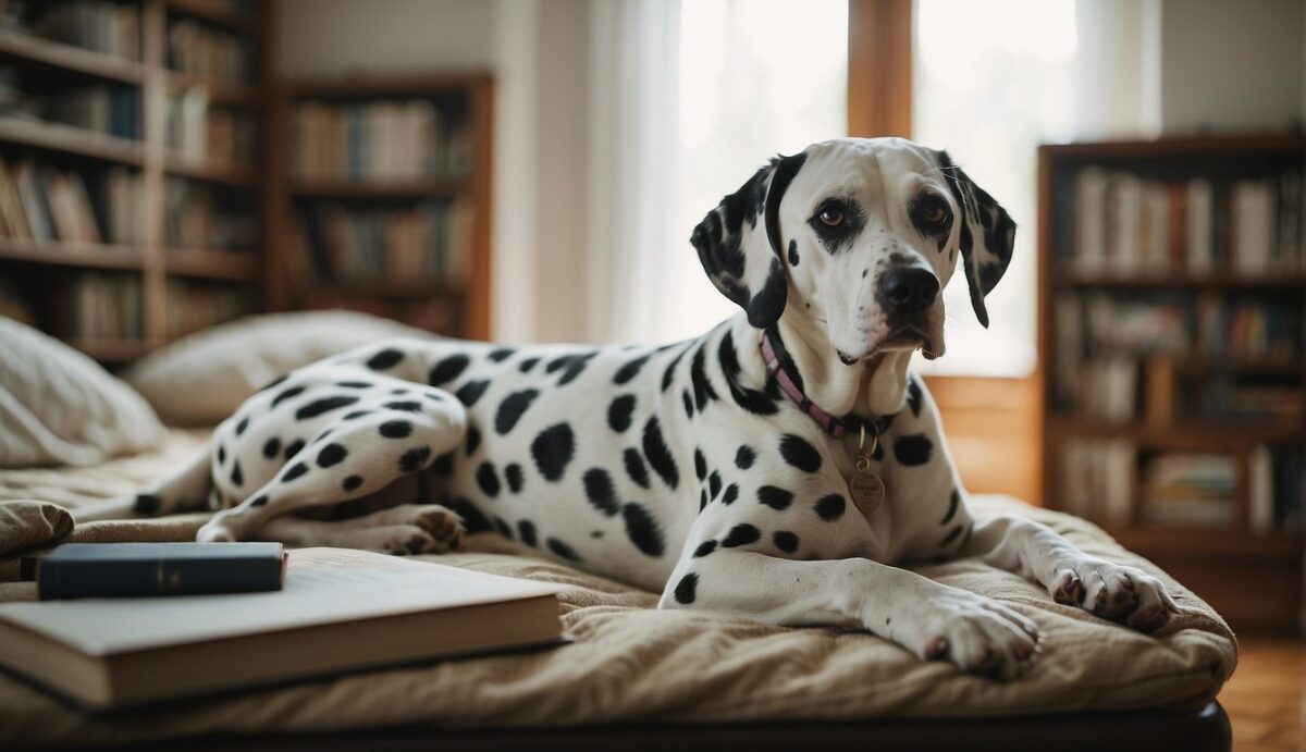 A Dalmatian lays on a cozy bed, surrounded by informative books about autoimmune disorders. The room is filled with natural light, creating a calm and peaceful atmosphere for learning and understanding