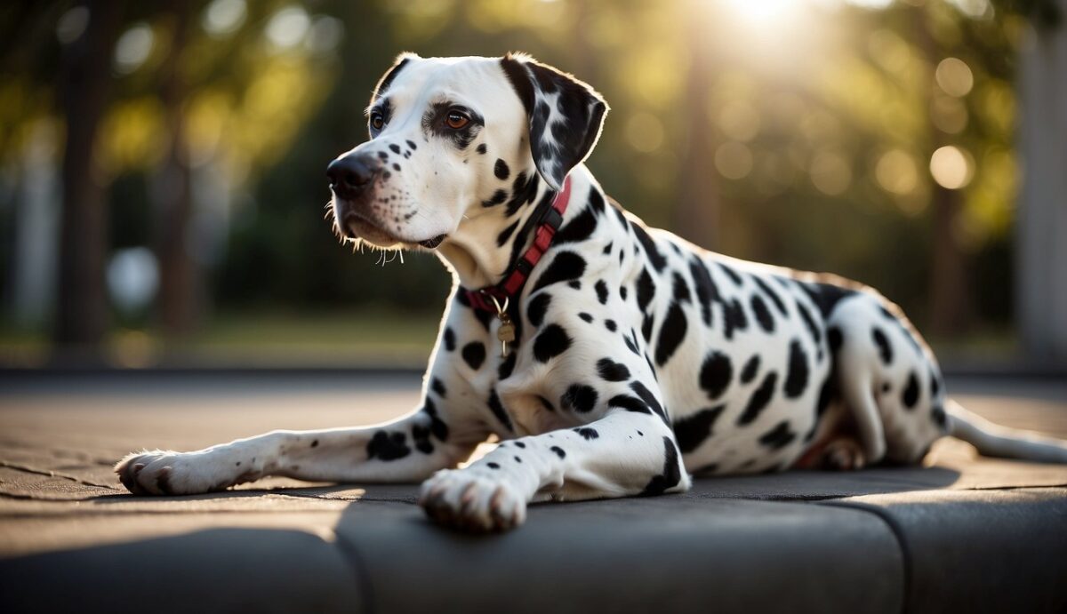 A Dalmatian stretches and exercises on a cushioned surface to promote spinal health and prevent back problems