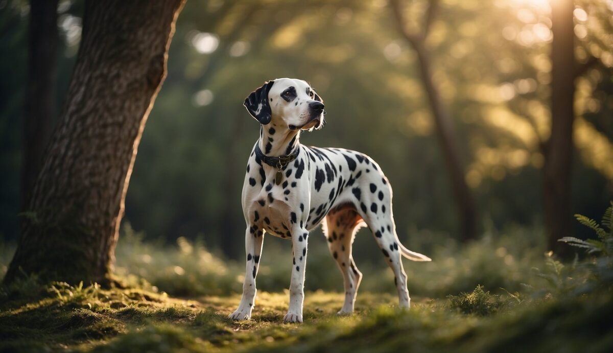 A Dalmatian stands tall with a strong, straight spine, surrounded by a serene, natural environment. The dog exudes vitality and health, showcasing the importance of spinal care