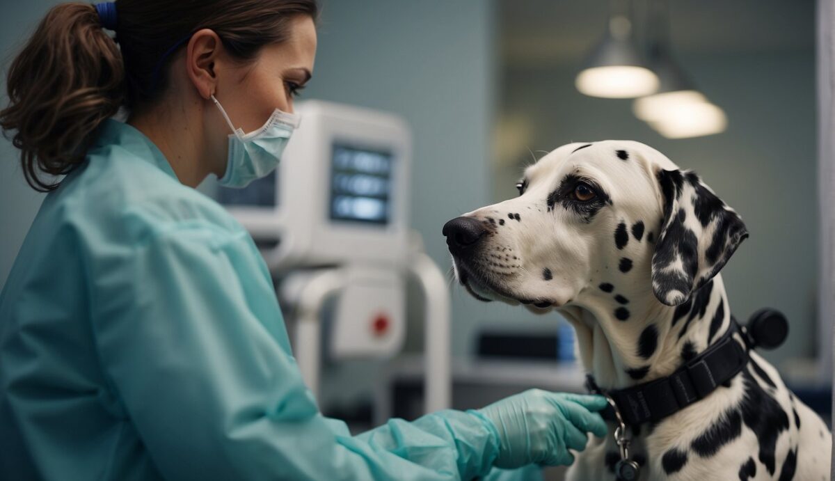 A Dalmatian receiving spinal treatment from a veterinarian using specialized equipment and techniques to prevent and treat back problems