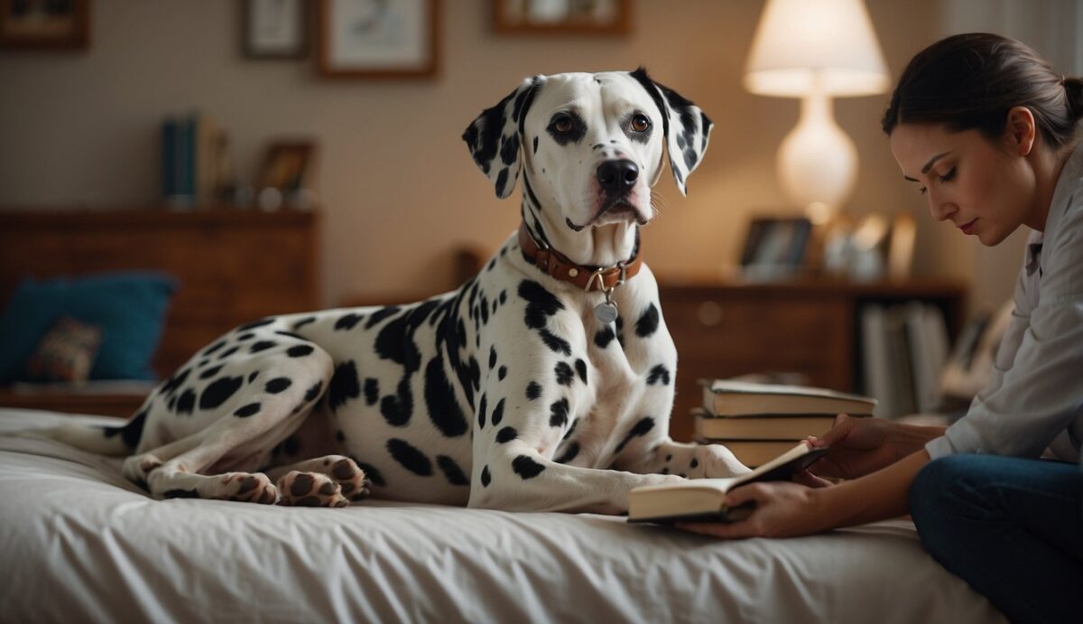 A Dalmatian sits on a cushioned bed, surrounded by books on spinal health. A veterinarian examines the dog's back, while a concerned owner looks on