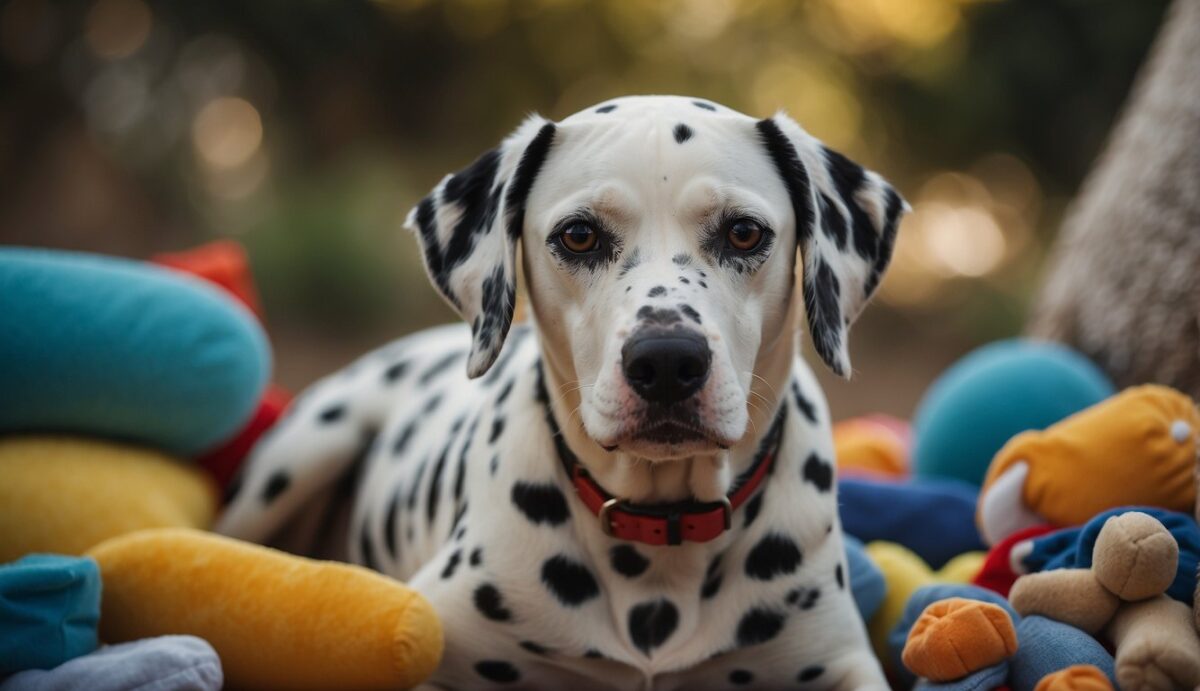 A Dalmatian sits with a worried expression, surrounded by scattered toys and a chewed-up pillow. The dog's ears are drooping and its tail is tucked between its legs, indicating signs of anxiety and stress
