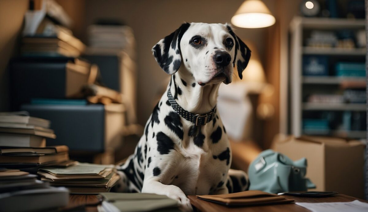 A Dalmatian sits in a cluttered room, surrounded by work and family responsibilities. Its body language shows signs of tension and worry, with a furrowed brow and a hunched posture