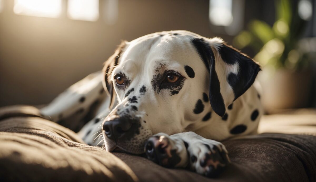 A Dalmatian lies peacefully in a cozy, sunlit room. A calming atmosphere with soft colors and natural elements creates a sense of tranquility and well-being