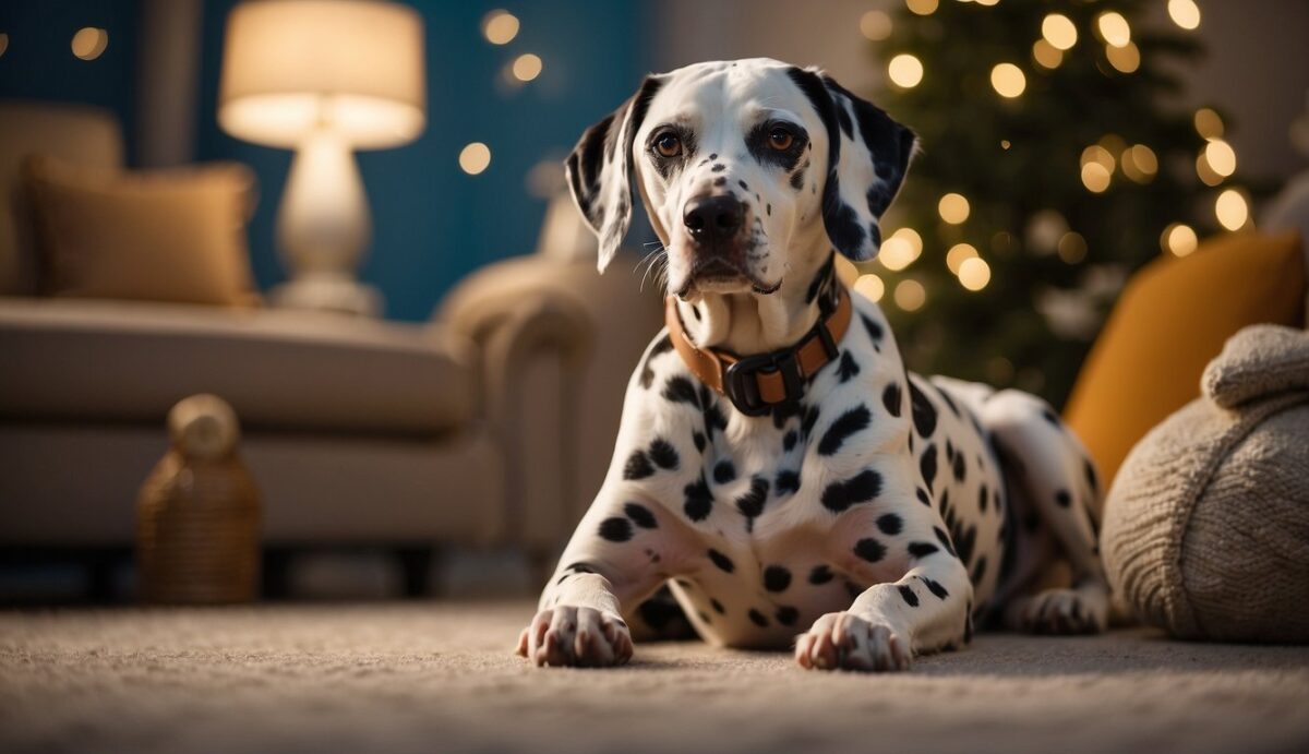 A dalmatian dog sits calmly in a cozy room, surrounded by calming colors and soft lighting. A variety of stress-relief tools and toys are scattered around the room, providing comfort and distraction