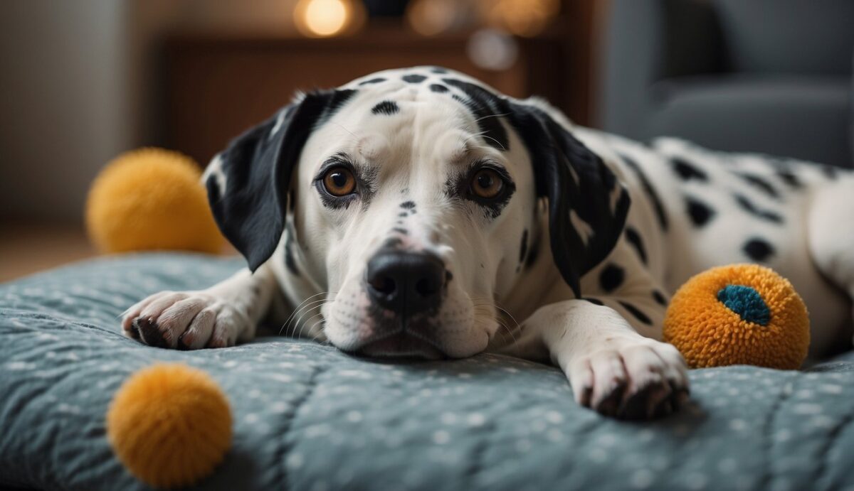A Dalmatian lies on a cozy dog bed, surrounded by calming toys and a comforting blanket. Soft music plays in the background as the dog relaxes in a peaceful, stress-free environment