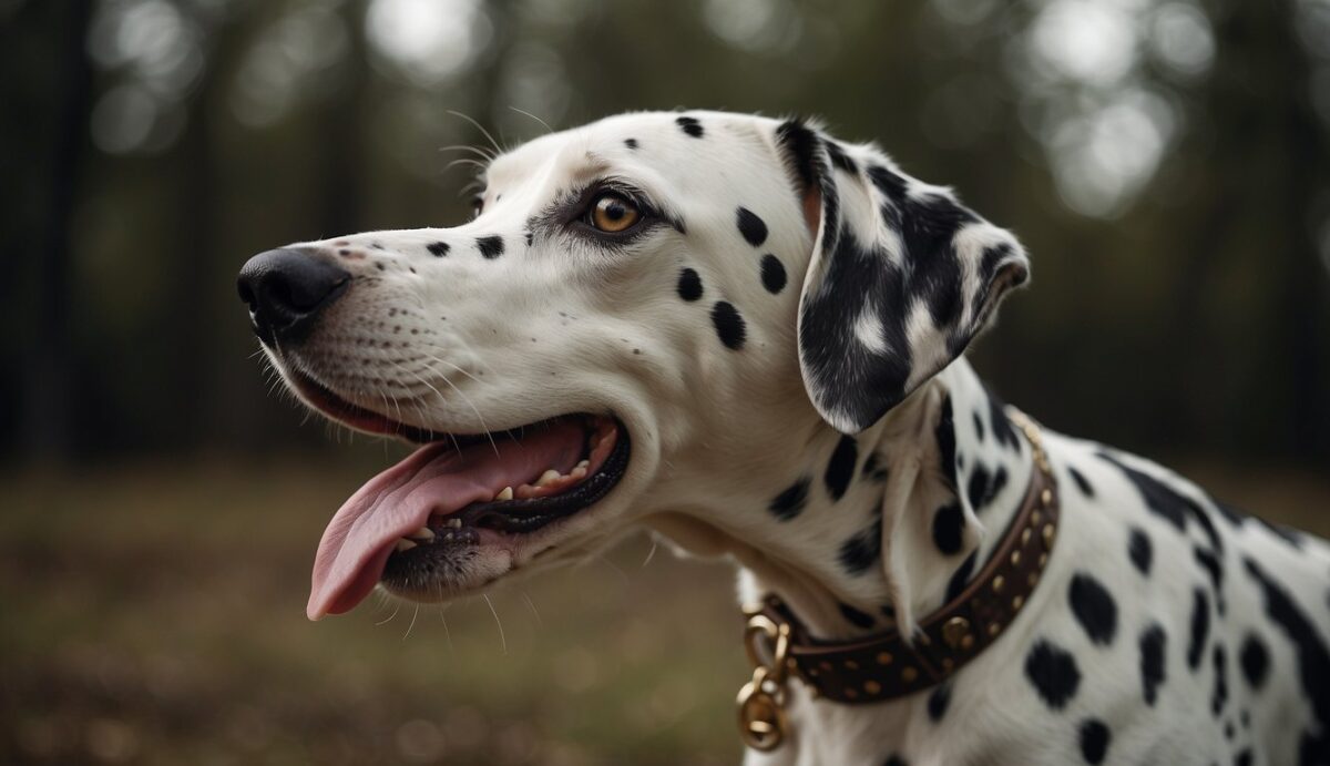 A Dalmatian stands with raised hackles and bares teeth, barking aggressively. Ears are flat against the head, eyes wide with fear and anxiety