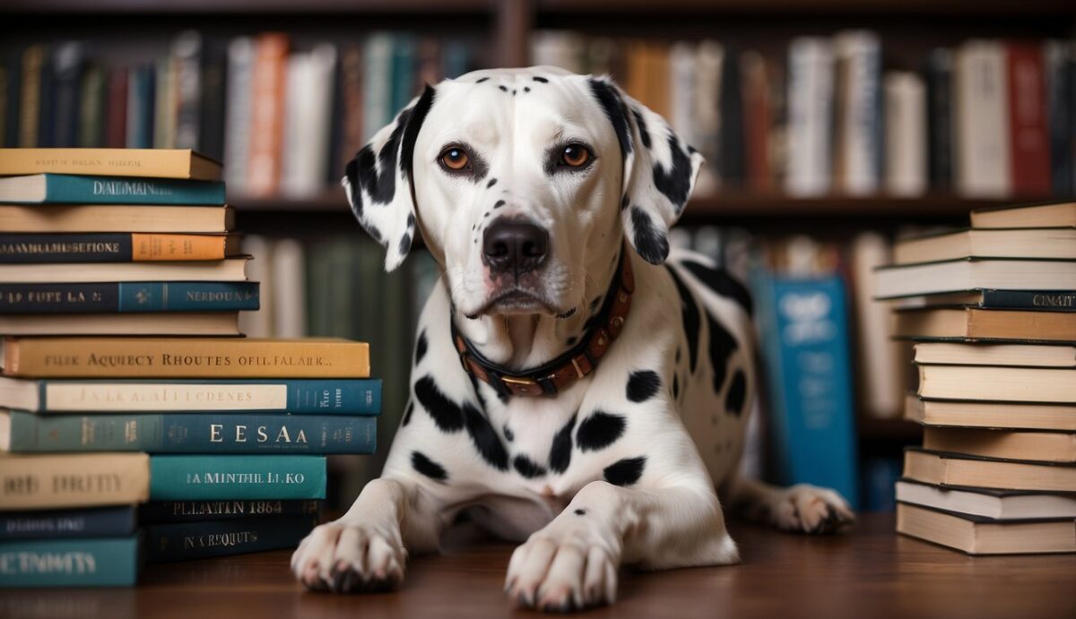A Dalmatian sits calmly next to a stack of books labeled "Resource and Guidance for Dalmatian Owners" and "Dalmatian Mental Health: Recognizing and Addressing Anxiety and Stress."