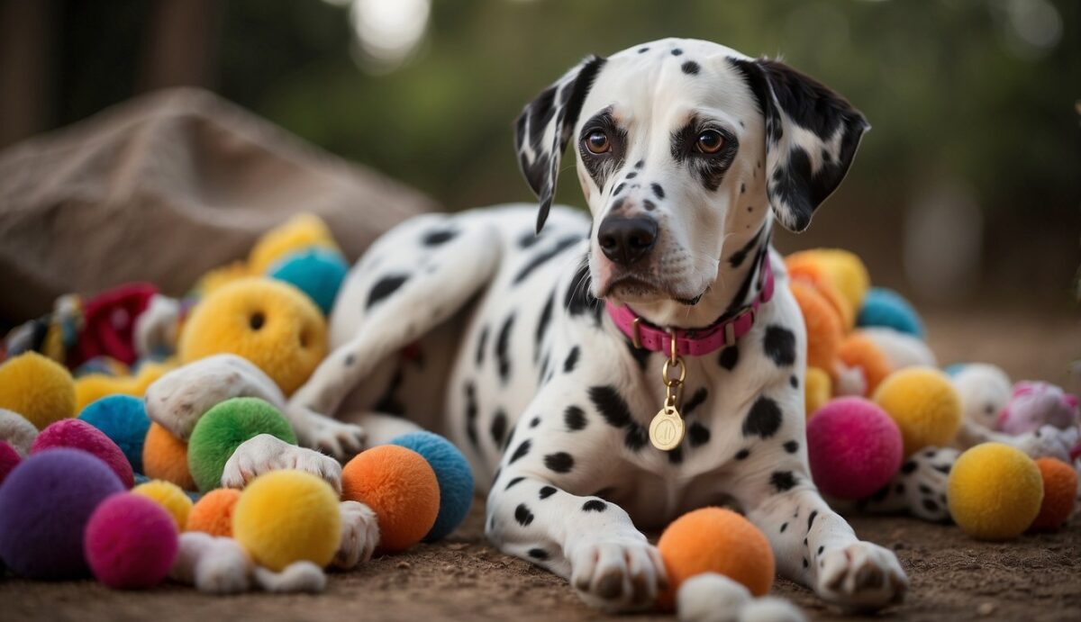 A Dalmatian dog sits with a worried expression, surrounded by scattered toys and a torn pillow. The dog's tail is tucked between its legs, and its ears are drooping