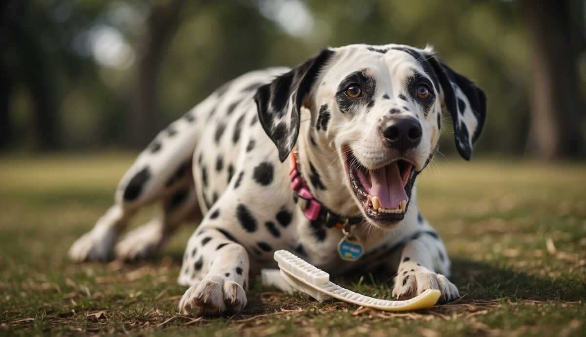 A Dalmatian dog chewing on a dental chew toy, with a toothbrush and toothpaste nearby. A veterinarian examines the dog's teeth