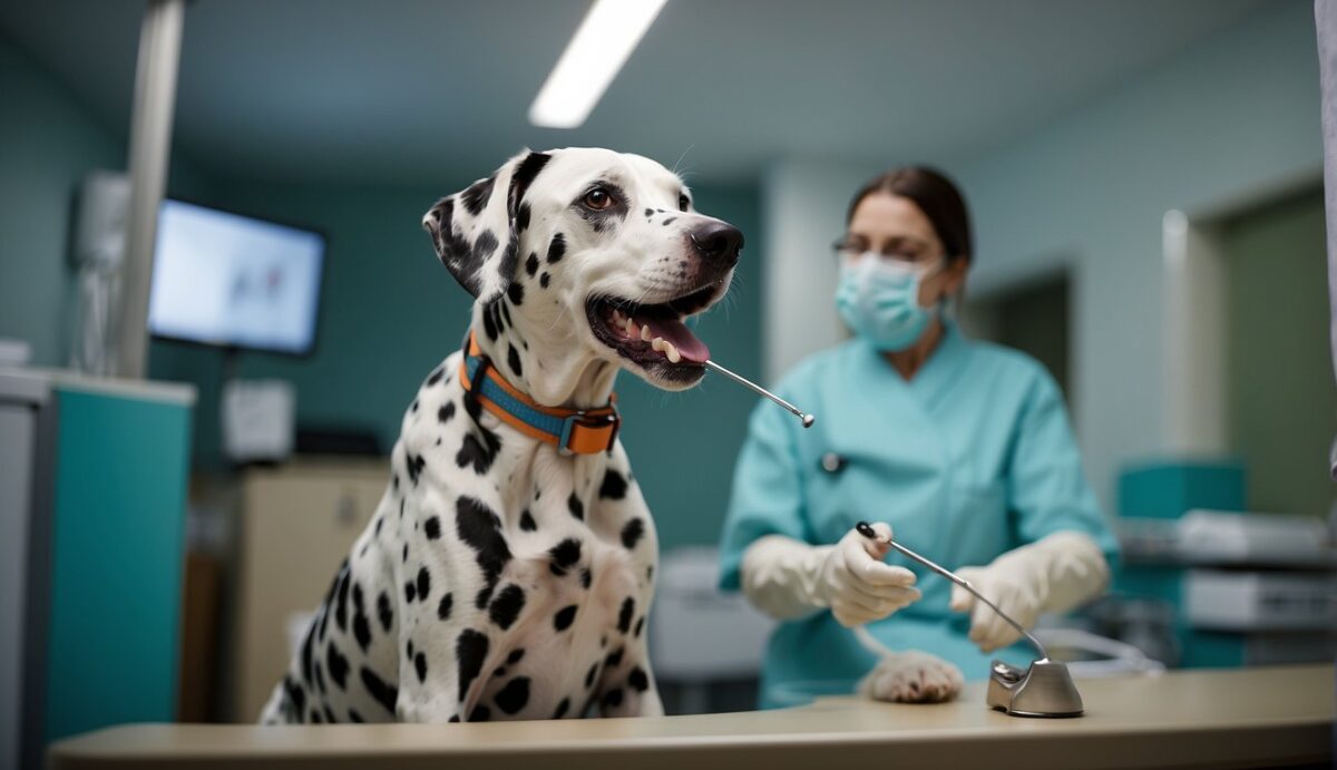 A Dalmatian dog sits on a vet's table, mouth open for examination. A vet holds a dental tool, checking for gum disease and tooth decay