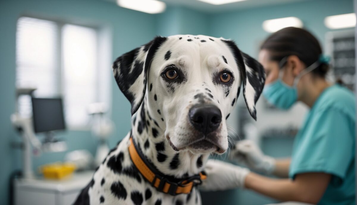 A Dalmatian sits calmly in a bright, clean dental office. A veterinarian carefully examines its teeth and gums, using specialized tools to clean and check for any signs of gum disease or tooth decay