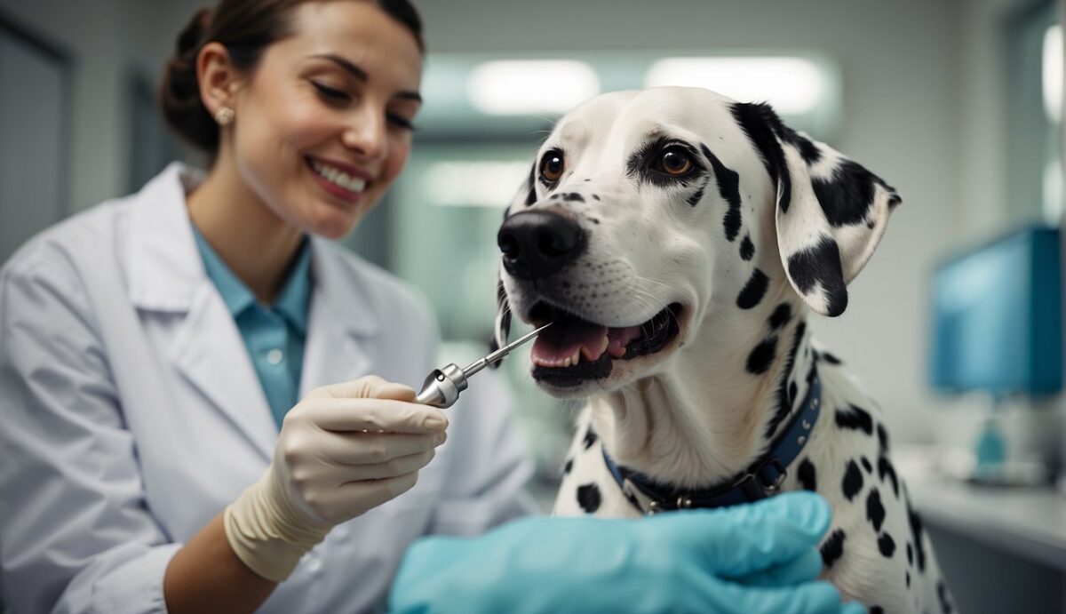 A Dalmatian dog receiving a dental check-up, with a vet examining its teeth and gums. Dental tools and products for preventing and treating gum disease and tooth decay are visible in the background
