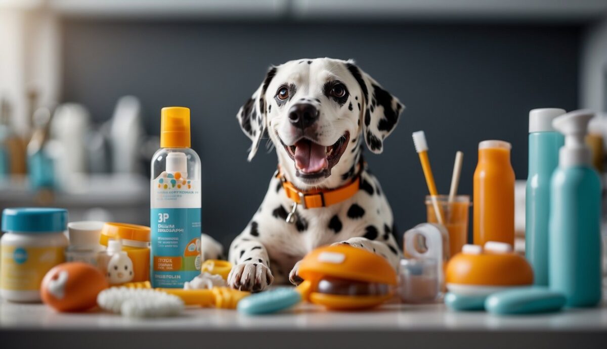 A Dalmatian dog with healthy teeth and gums, surrounded by dental care products and toys, showcasing preventive measures for oral health