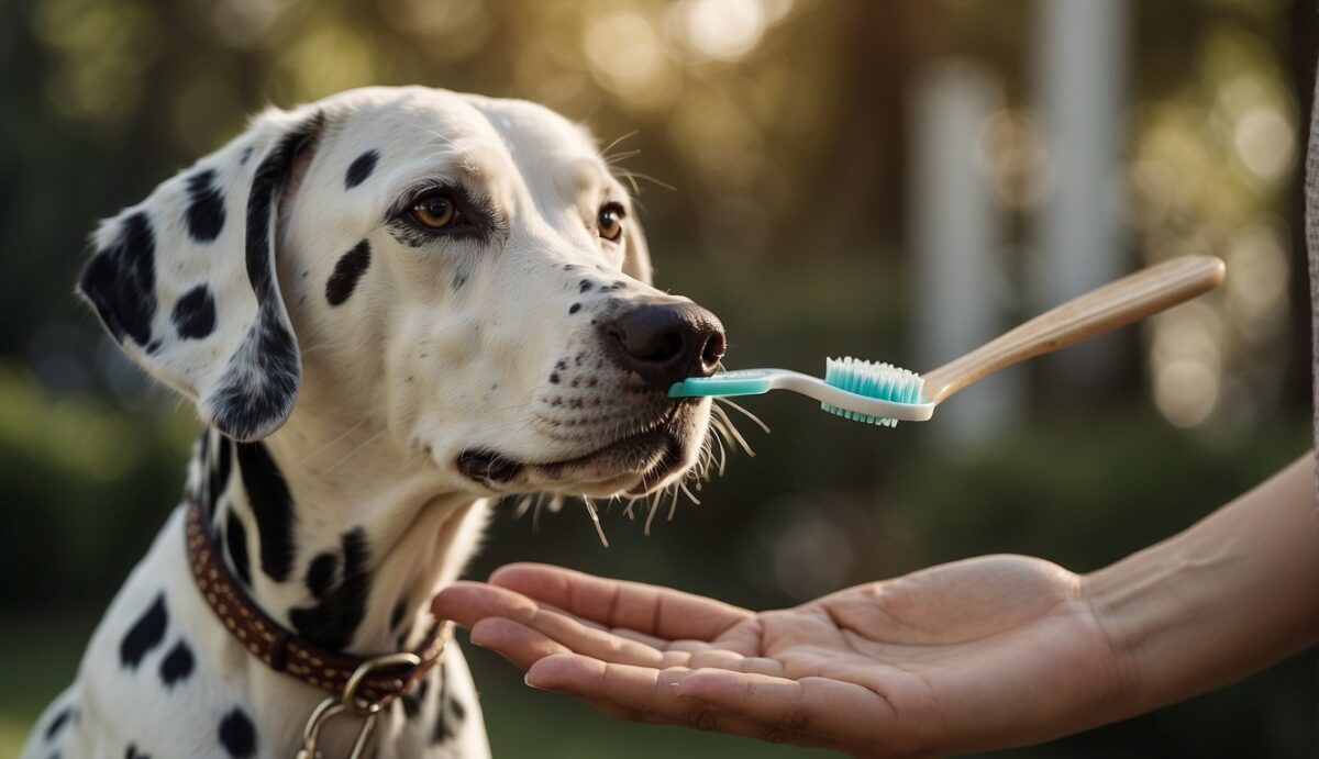 A Dalmatian is getting its teeth brushed with a special canine toothbrush and toothpaste to prevent gum disease and tooth decay