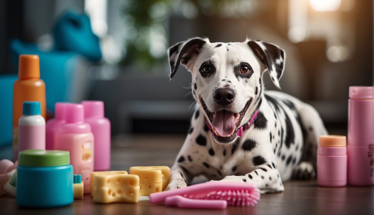 A Dalmatian dog with bright, healthy teeth and pink gums, surrounded by dental care products like toothbrushes and dental chews