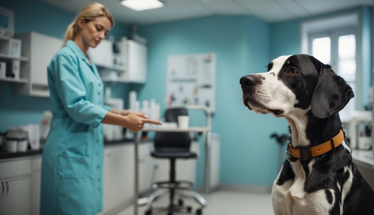 A Dalmatian with a glossy coat stands in a veterinary clinic, surrounded by medical equipment and charts. A veterinarian discusses endocrine disorders with the dog's concerned owner