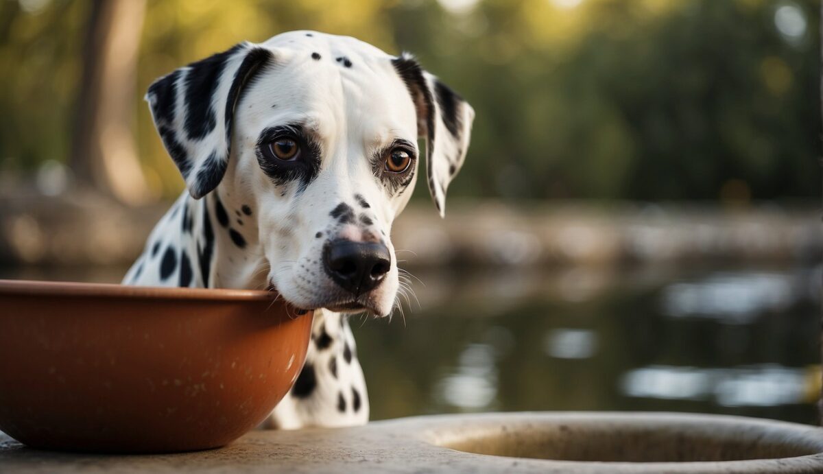 A Dalmatian with a glossy coat and alert expression stands next to a water bowl, panting slightly. The dog's body language suggests discomfort, and there is a sense of unease in its eyes