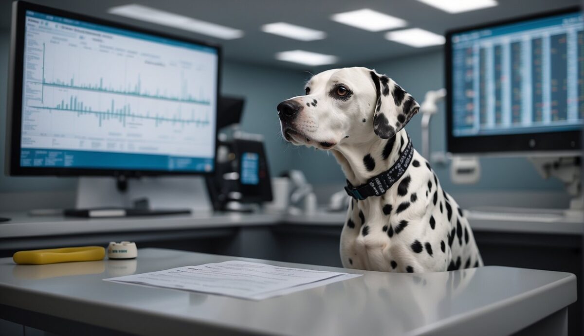 A Dalmatian stands on a veterinary exam table, surrounded by medical equipment and charts. The vet points to a hormone imbalance graph while discussing treatment options