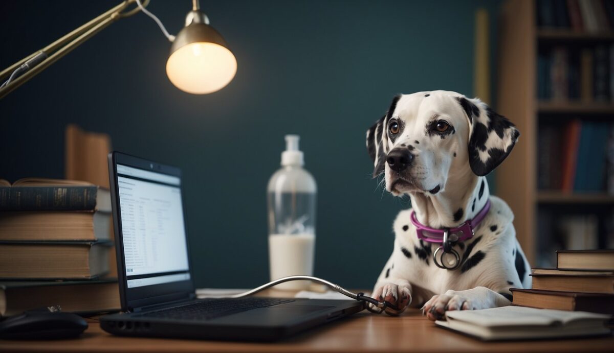 A Dalmatian with a stethoscope around its neck, sitting next to a stack of medical books and a computer screen displaying hormone levels