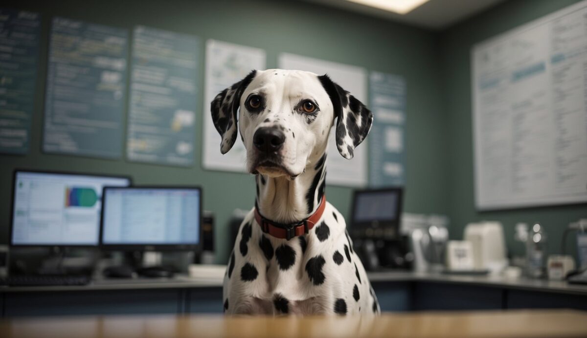 A Dalmatian with a puzzled expression sits in a veterinary office, surrounded by charts and medical equipment. The veterinarian gestures towards a diagram of the endocrine system on the wall