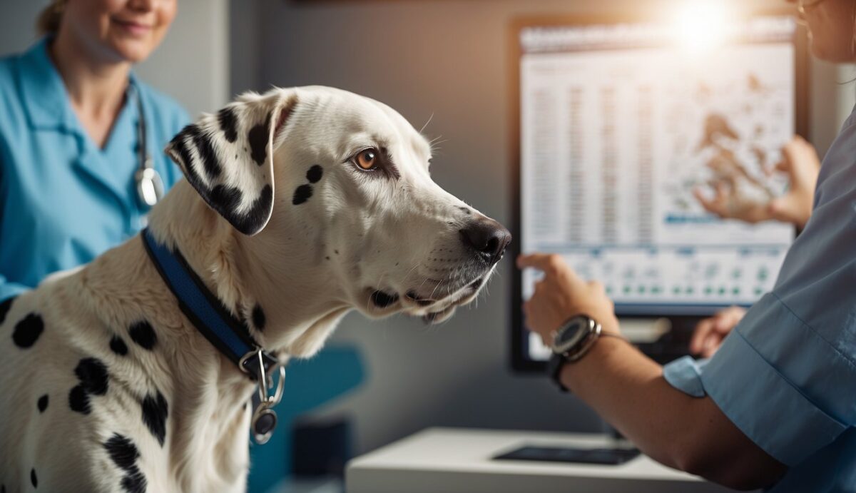 A Dalmatian sits beside a veterinarian, who points to a chart showing the endocrine system. The dog looks alert, with a wagging tail and bright eyes