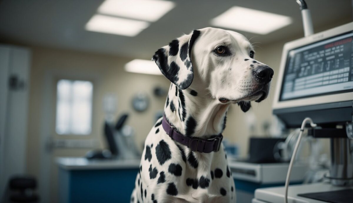 A Dalmatian with a glossy coat stands in a veterinary clinic, surrounded by medical equipment and charts. The veterinarian examines the dog's thyroid and adrenal glands