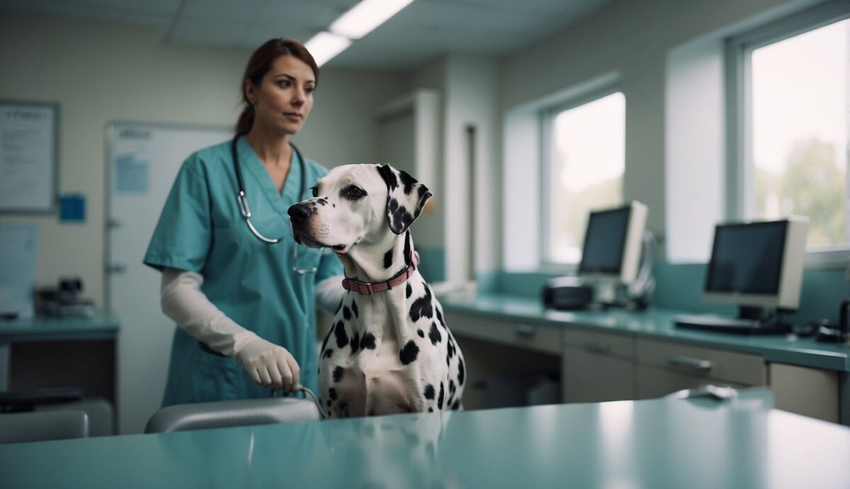 A Dalmatian stands in a veterinary clinic, surrounded by medical equipment. The vet discusses hormone imbalances with the concerned owner