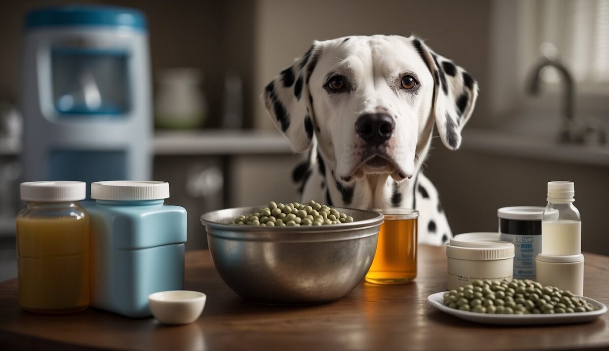A Dalmatian stands next to a water bowl, surrounded by healthy urinary tract support supplements and a vet-approved diet