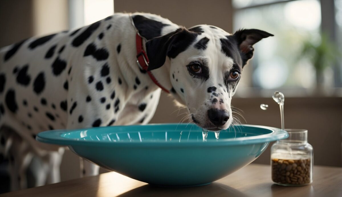 A Dalmatian dog drinks water from a clean bowl, while a vet administers medication to prevent urinary tract infections and stones