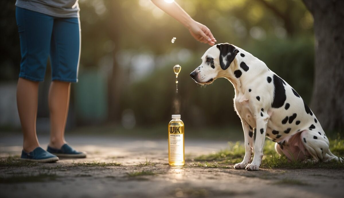 A Dalmatian with a pained expression, urinating frequently. A vet examines a urine sample, while a worried owner looks on