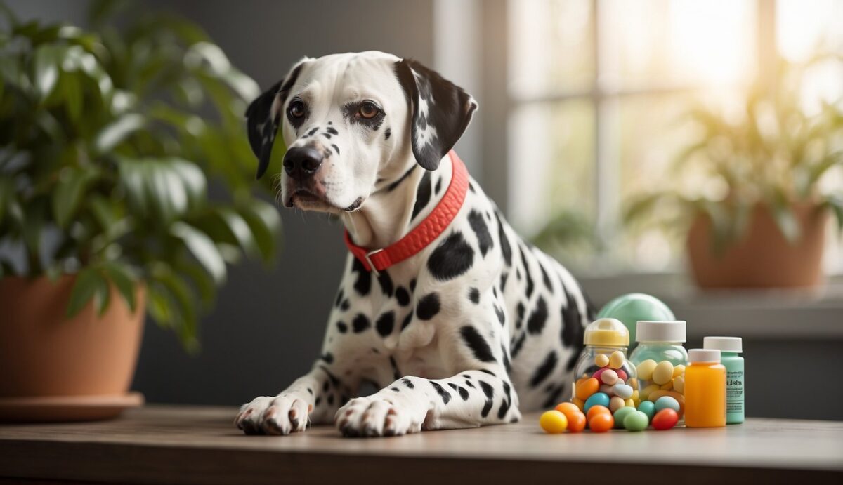 A Dalmatian stands beside a water bowl, surrounded by healthy urinary tract support supplements and toys