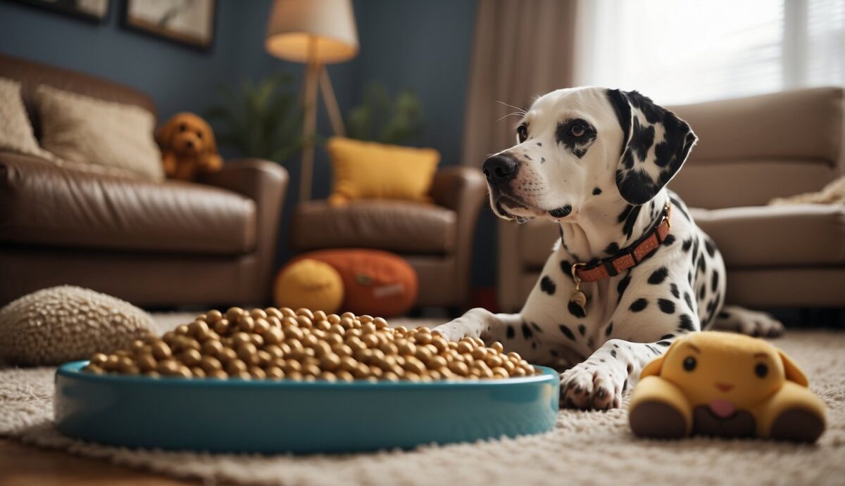 A Dalmatian lounges in a cozy living room, surrounded by toys and a comfortable bed. A water bowl and a bag of urinary tract health dog food sit nearby