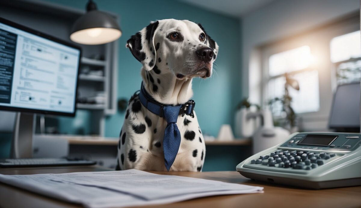 A Dalmatian dog stands beside a veterinarian, surrounded by medical equipment and research papers. The vet holds a chart showing urinary tract health
