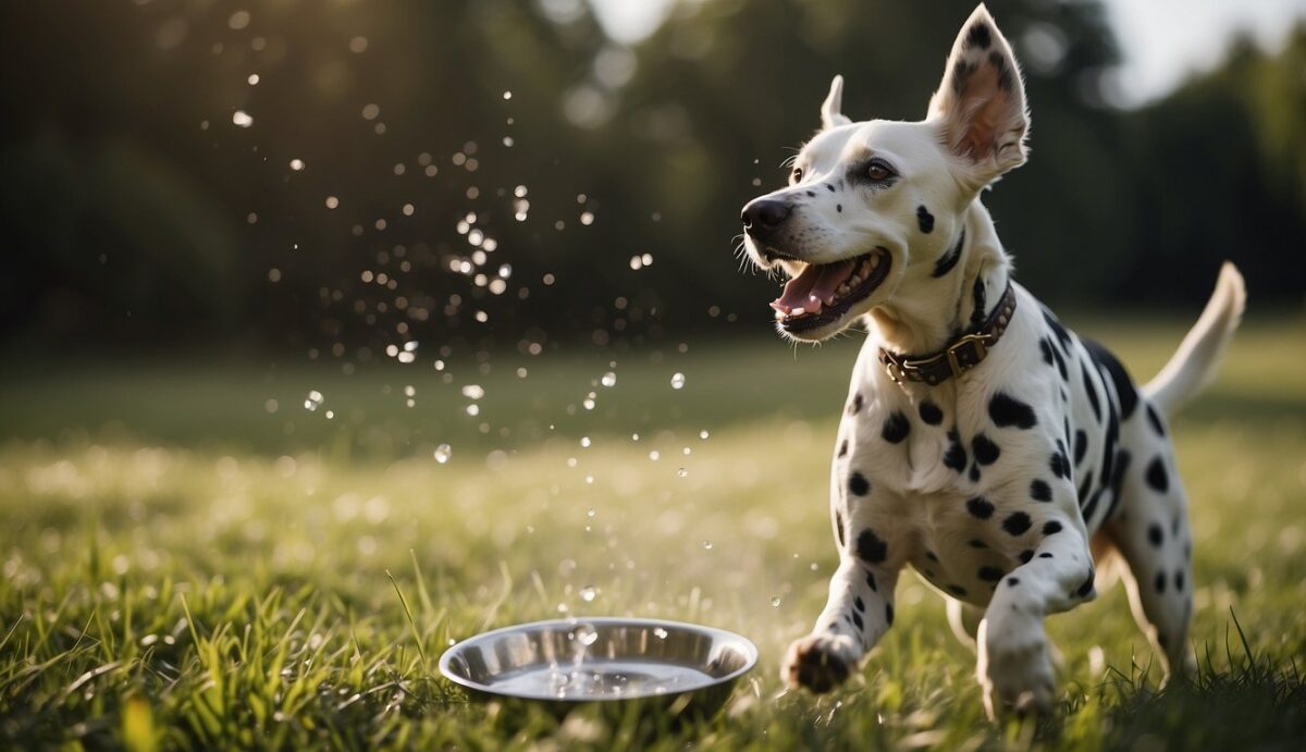 A Dalmatian dog happily running on a grassy field, drinking plenty of water from a clean bowl, and eating a balanced diet of high-quality food