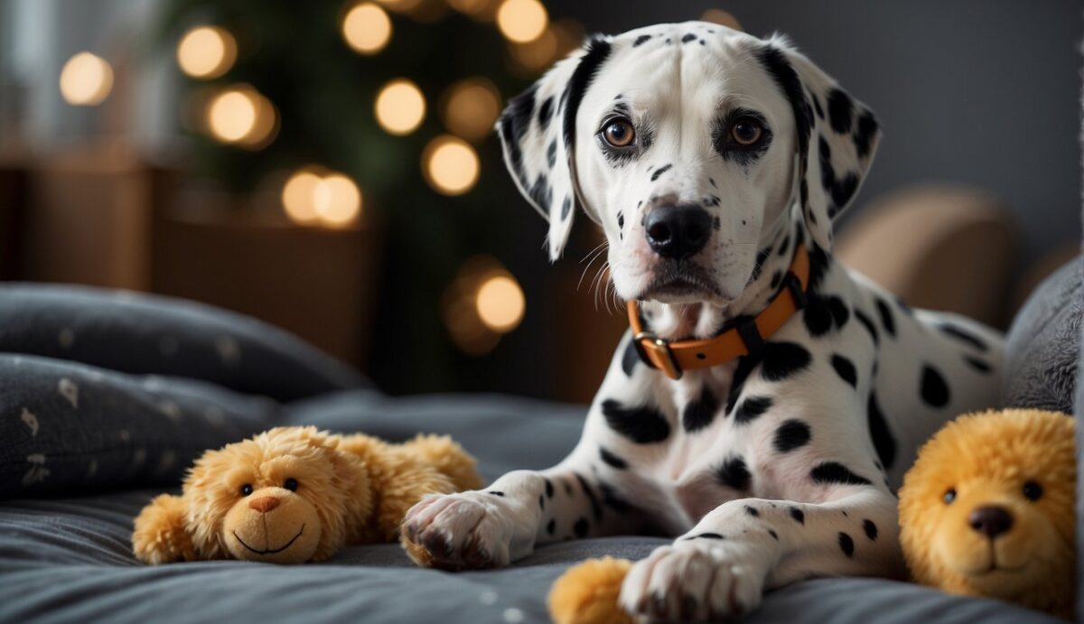 A Dalmatian with greying fur and cloudy eyes, resting on a plush bed with a gentle smile, surrounded by comforting toys and a bowl of water