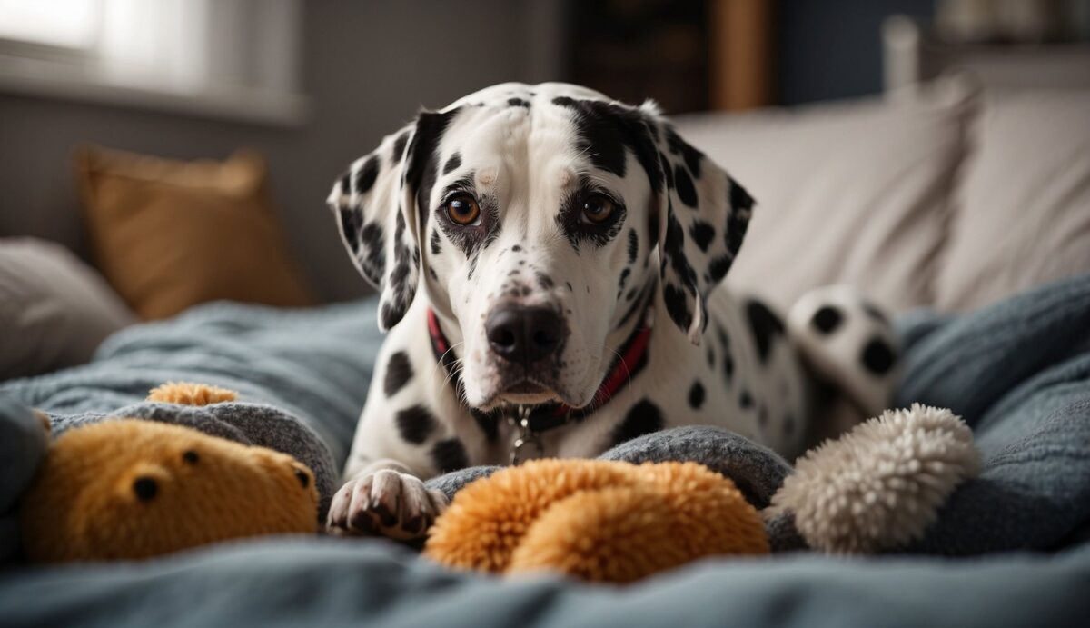 An older Dalmatian lounges on a soft bed, surrounded by comforting blankets and toys. A gentle, content expression on its face as it receives a loving pat from its owner
