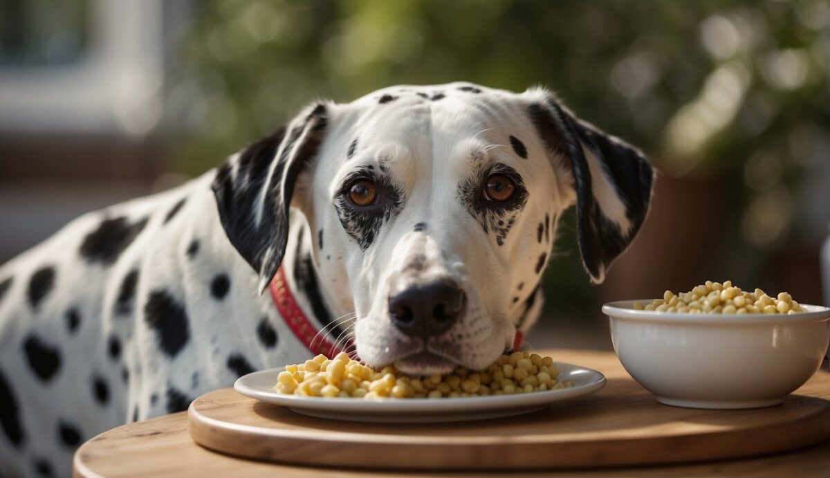 A senior Dalmatian enjoying a balanced meal of nutritious food designed for older dogs, with a cozy bed and water bowl nearby
