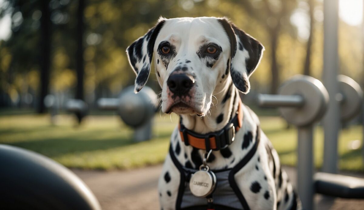 A Dalmatian dog with a greying coat exercises in a park, surrounded by senior dog-friendly fitness equipment. The dog's owner watches attentively, ensuring their pet's well-being