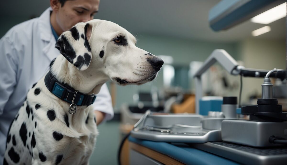 A senior Dalmatian receiving veterinary care, surrounded by specialized equipment and a caring veterinarian
