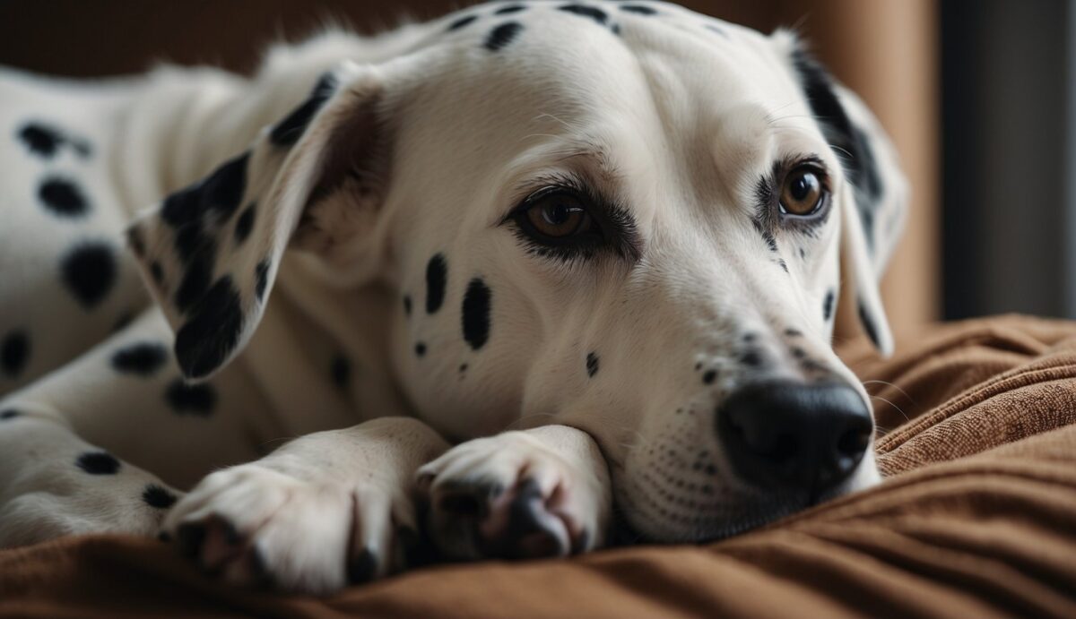 A Dalmatian senior dog lays on a cozy bed, surrounded by soft blankets and pillows. A gentle, comforting hand strokes the dog's head as it rests peacefully